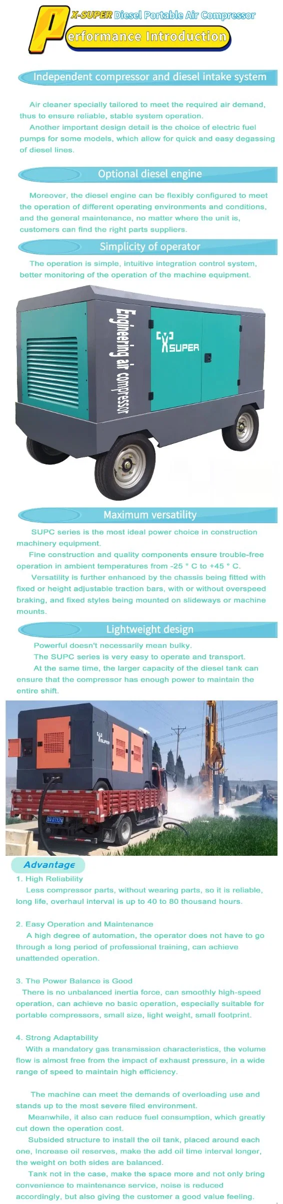 Supc Series Mature Factory Similar Trailer Mounted Portable Movable Diesel Screw Air Compressor 200-2000 Cfm for Drilling Machine